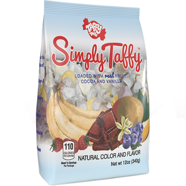 Simply Taffy Mix – 12 oz bag of natural saltwater taffy made with real fruit, cocoa, and vanilla flavors.